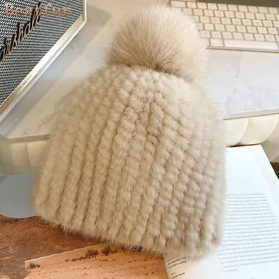 Womens Winter Warm Real Mink Fur Hat Knitted Ski Cap Beanie W Real Fox Fur Ball  • $22.90