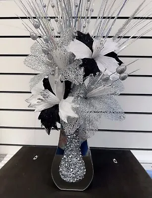 Crushed Diamond Vase With Flowers Crystal Mirrored Mantel Glitter Bling 25 Cm • £34.99