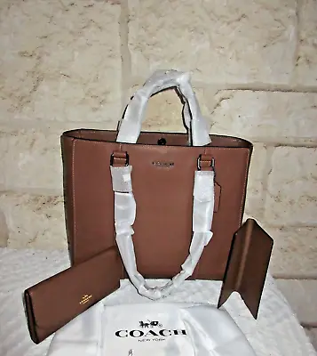 New Rare Coach Hudson Leather Double Handle TOTE + WALLET SET Brown Dust Bag • $493.05