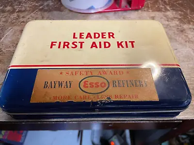 Vintage Esso Bayway Refinery Johnson & Johnson Leader First Aid Kit Metal 1950's • $24