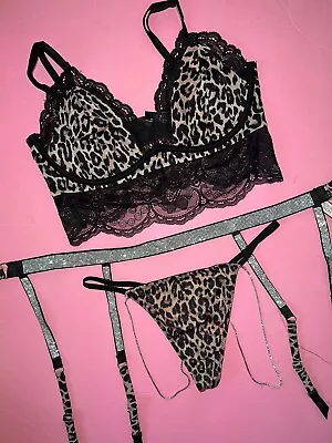 Victoria's Secret Longline S-DD 32DD34D34DD BRA SET+garter ANIMAL SHINE STRAP • £96.41