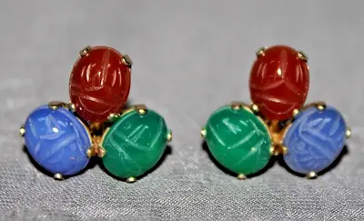 1950s Van Dell Signed 12K GF Scarab Screw Back Earrings Amethyst Jade Carnelian • $29.99