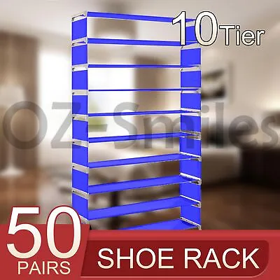 $27.95 • Buy 50 Pairs 10 Tiers Stackable Storage Shoe Rack Cabinet Organiser Fabric Blue