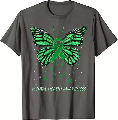 Mental Health Awareness Butterfly Green Ribbons Unisex T-Shirt • $19.99