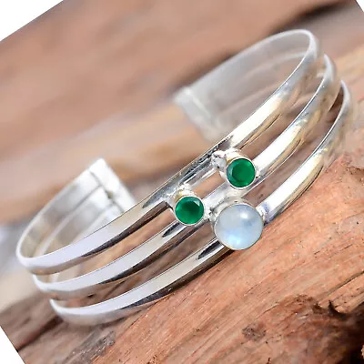 Green Onyx Cut Moonstone Gemstone Bracelet 925 Sterling Silver Bangle /R-478 • $19.78