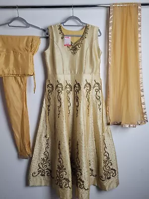 £17 • Buy Indian Gold Anarkali Dress Indian Suit Womenswear Size Small 10
