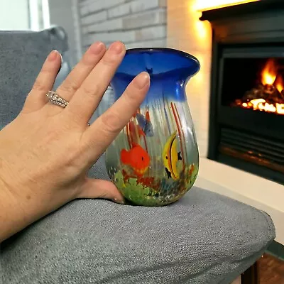 Hand Blown Art Glass Aquarium Fish Swimming In Cobalt Multicolor Millefiori Vase • $24.95