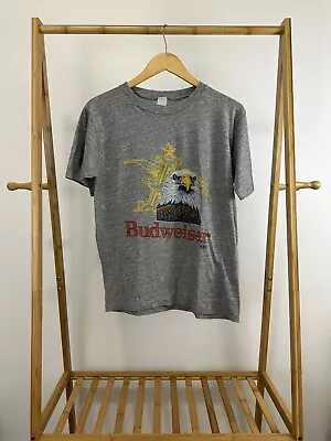 VTG 80s Budweiser Beer Eagle Anheuser Paper Thin 50/50 Heather Gray T-Shirt M • $89.96