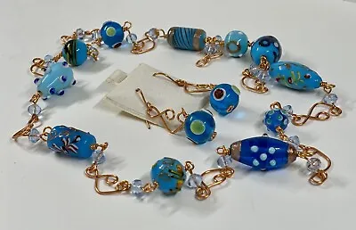 Chunky Art Glass Beaded Necklace & Earring Set W/Copper Wirework - Murano Like • $9.99