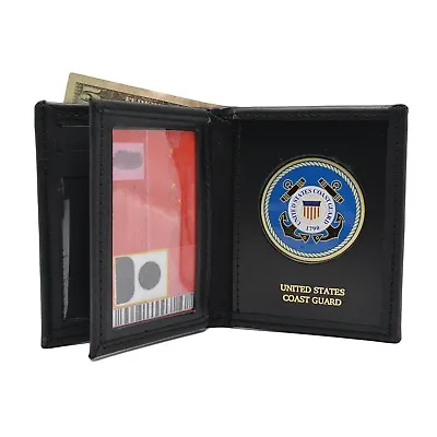 U S Coast Guard Medallion Wallet Military Veteran Leather Black Perfect Fit • $45.58