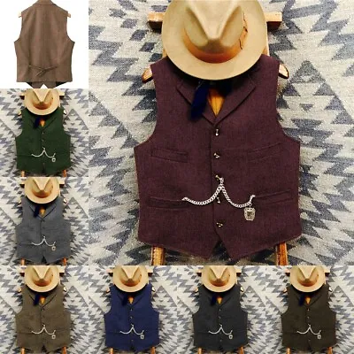 Mens Tweed Waistcoat Vests Cowboy Herringbone Vintage Tailored Groom 42 44 46 48 • £19.19