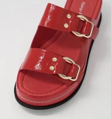 Django & Juliette Red Patent Slides Sandals Gold Buckles Sz 39 NEW Xmas Day! • $60
