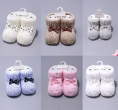 £3.99 • Buy Baby Boys Girls Booties Soft Thick Knitted Bootees With Bow 0-6 Months