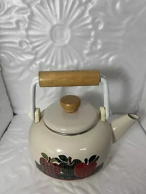 Enamel Metal Teapot Tea Kettle Wooden Handle  Apple Accents • $49.95