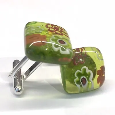 Silver Murano Glass Millefiori Cufflinks - Green Square With Woodland Accents • £17.50