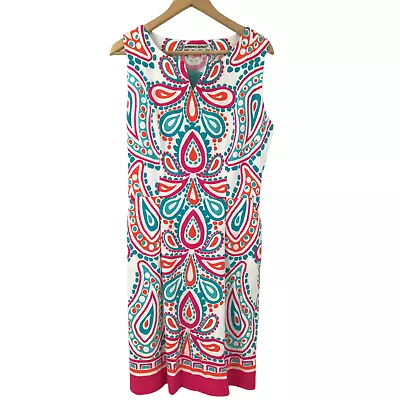 Barbara Gerwit Paisley Knit Pleated Dress Size L New NWT White Pink Stretch Blue • $34.25