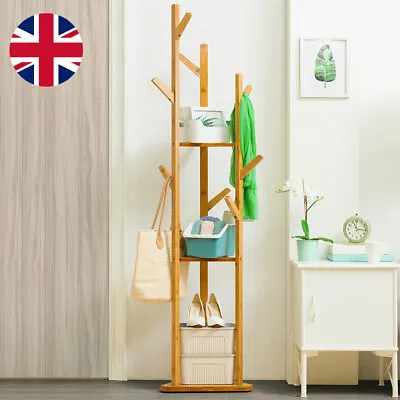 Wooden Coat Hat Hanger Stand 10 Hooks Floor Standing Clothes Bags Umbrella Rack • £23.69