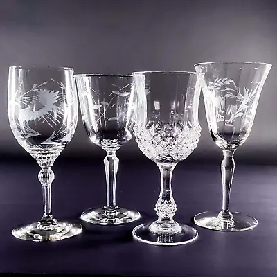 Assorted Water Wine Glasses Mismatched Vintage Stemware Etched Patterns Set/4 • $32.99