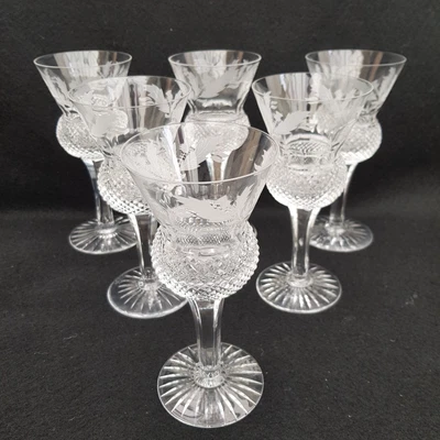 £399 • Buy 6 X EDINBURGH Crystal  THISTLE HOCK WINE GLASS ENGRAVED HOBNAIL Signed