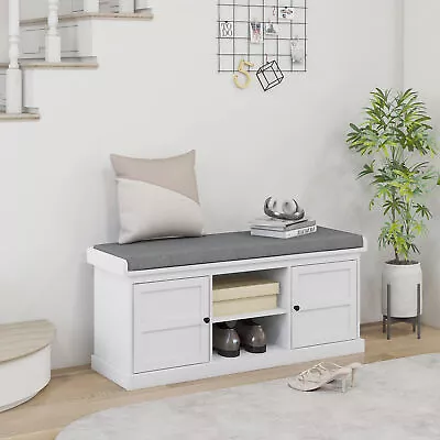 HOMCOM Storage Shoe Bench With Cushion 2 Cabinets For Entryway White • $94.99