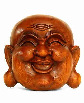 Wooden Wall Mask Laughing Smiling Happy Buddha Head Statue Hand Carved Sculpture • $69.99