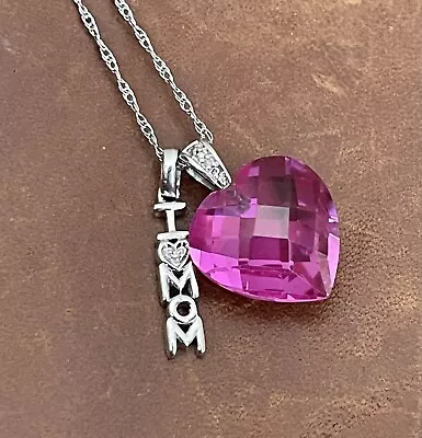 SUN 925 10 Ct Created Pink SapphireDiamond ‘ I LOVE MOM’ Heart Pendant Necklace • $55