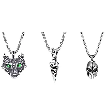 Men's Viking Wolf Head Spear Head Spartan Helmets Pendant Nordic Amulet Necklace • $13.99