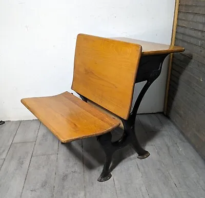 Antique Silent Giant Industrial Child School Desk Folding Chair Cast Iron & Wood • $315