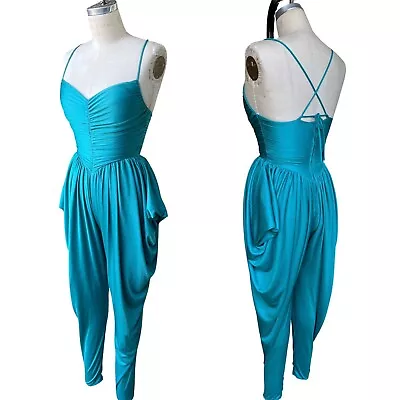 Vintage 70s Disco Teal Jumpsuit Coachella Festival Xsmall Harem Palazzo Sexy • $55