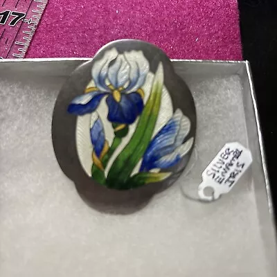 Antique Art Nouveau Guilloche Blue Iris Flower Sterling Silver Brooch Oval 24g • $75