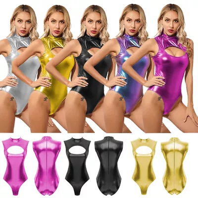 $9.70 • Buy Women's Shinny Metallic Bodysuits Wet Look High Cut Thong Jumpsuit Pool Swimwear