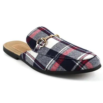 Mens Blue Plaid Fabric Backless Slip On Mule Gold Buckle Loafers Shoes AZARMAN • $38.99