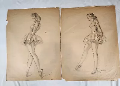 1940s Drawing Sketch Ballerina Live Model Charcoal Pencil Newsprint Signed 2 Set • £25.31