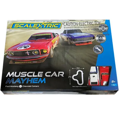 Scalextric C1449T Muscle Car Mayhem Mustang Vs Camaro 1:32 Slot Car Track Set • $199.99