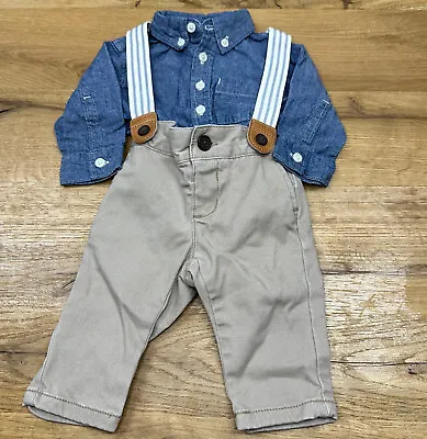 Gymboree Baby Boy Retro Style 0-3 Months Suspender Khaki Pants & Denim Shirt EUC • $15