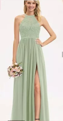 £50 • Buy A-Line Scoop Neck Floor-Length Chiffon Lace Bridesmaid Dress With Split Front...