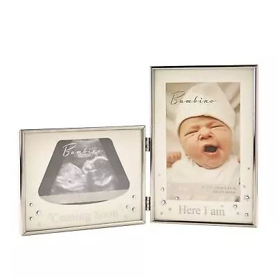 Silverplated Double Frame Ultrasound Scan Coming Soon & Here I Am Baby Photo • £16.19