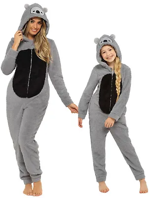 £16.99 • Buy Womens Girls All In One Pyjamas KOALA BEAR Animal Grey Fleece Matching Onezee