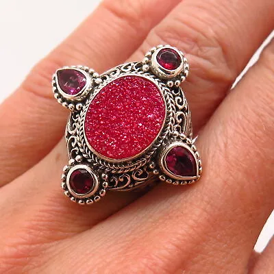 925 Sterling Silver Sarda Real Druzy & Pure Pink Mystic Topaz Gem Ring Size 5 • $68.99