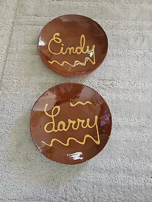 Pair Breininger Pottery Redware Plates Cindy Larry Signed Robesonia PA Glazed • $277.49