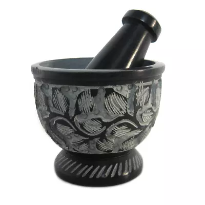 NEW Mini Floral Soapstone Mortar And Pestle Black And Gray 3  Herb Grinder Stone • $27.99