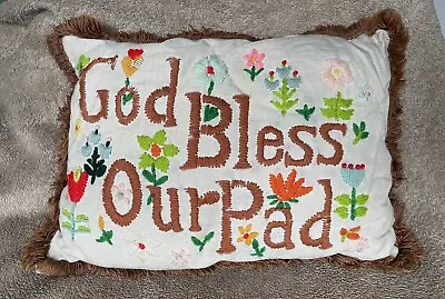 Vintage God Bless Our Pad 1970s Crewel Embroidered Throw Pillow Hippie 14” X 10” • $39.99