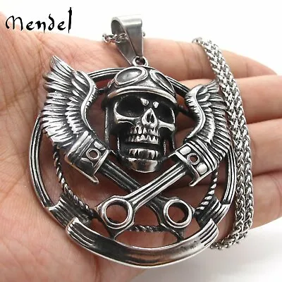 MENDEL Mens 30 Inch Motorcycle Club Biker Skull Pendant Necklace Stainless Steel • $16.99