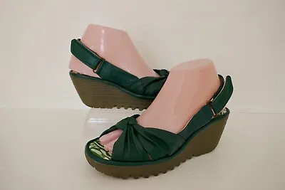 £35 • Buy Fly,london  Yman  Dark Green Leather/leather Lined Low Wedge Casual Sandals Uk 5