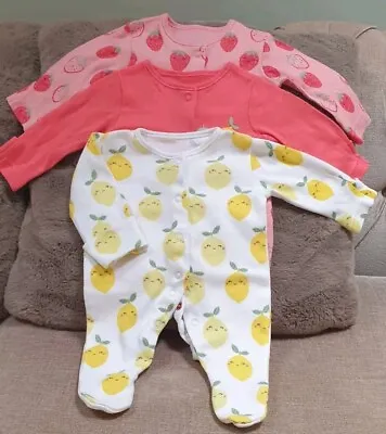 🌸George Baby Girl  3 Fruity Sleepsuits Lemon Strawberry Tiny Baby 6lbs • £3.50