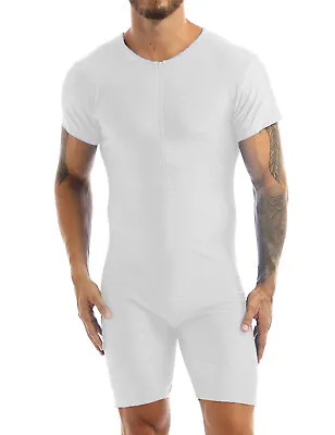 US Men Short Sleeve Bodysuit Zipper Jumpsuit Leotard Shapewear Wrestling Singlet • $14.69