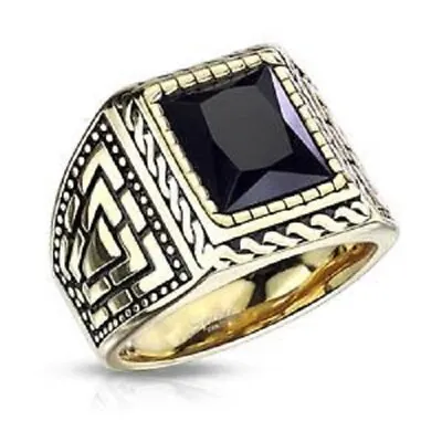 Stainless Steel Faceted Square Onyx Stone Surrounded  Rope Gold PVD Ring Size 10 • $12.99