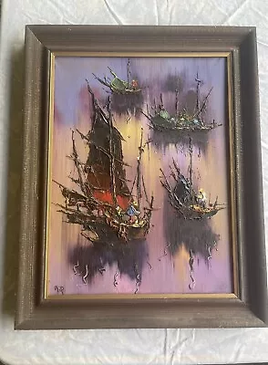 A Chinese Vintage Original  Oil Painting Of Junk And Sanpan- Signed By Artist • $599