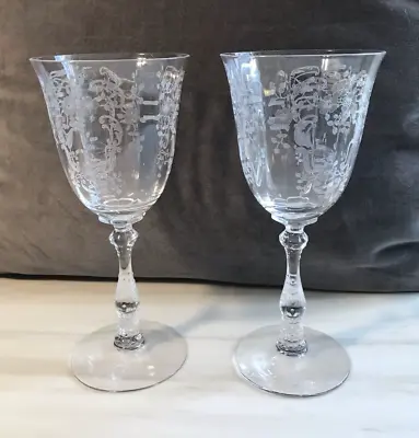 Vintage Fostoria Meadow Rose Chintz Water Goblet Floral Optic Etched SET 2 • $35