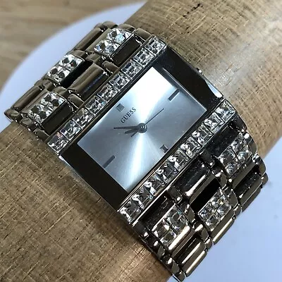 Guess Watch Women Silver Tone Rectangle Dial Wide Bling Stainless Steel • $18.95